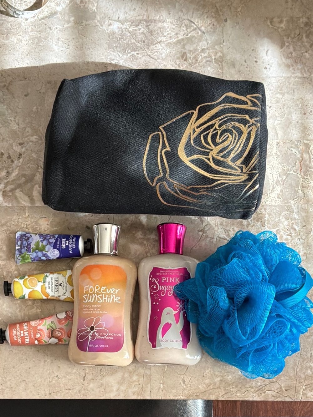 Bath & Body Gift Set with Forever Sunshine and Pink Sugar Lotions - Blue Loofah